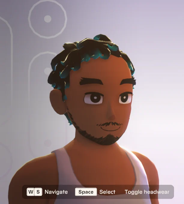 Image of a medium-brown skinned person with short dark curly hair. Each curl has a bright blue highlight. It’s very cute!!