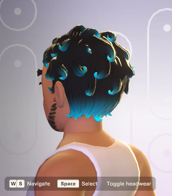 Image of the back of a medium-brown skinned person with short dark curly hair. Each curl has a bright blue highlight. It’s very cute!!