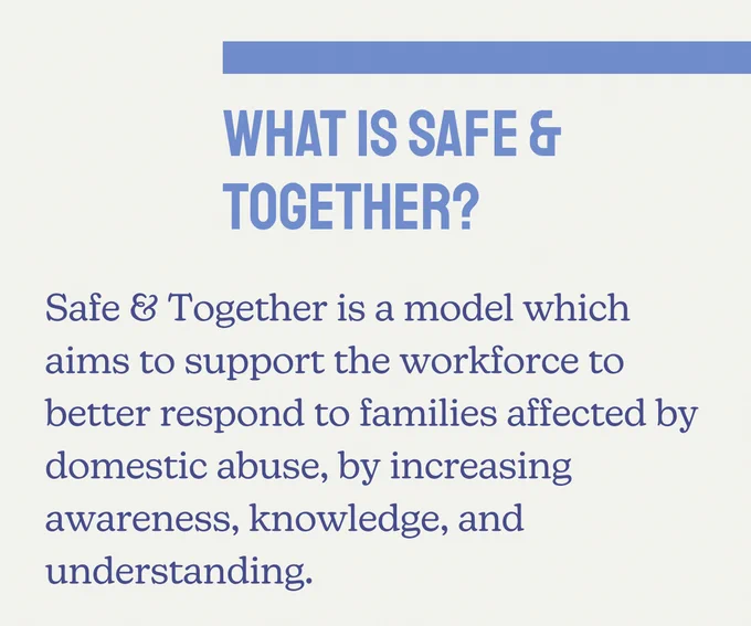 What is Safe & Together? Safe & Together is a model which aims to support the workforce to better respond to families affected by domestic abuse, by increasing awareness, knowledge, and understanding.