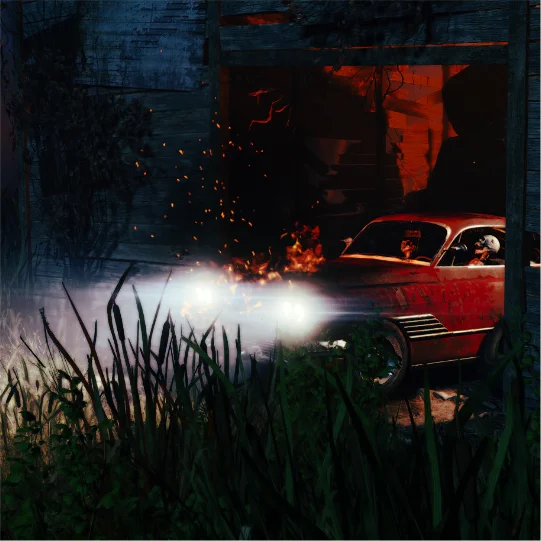 Picture of an evil red car in flame with skeletons inside of a game