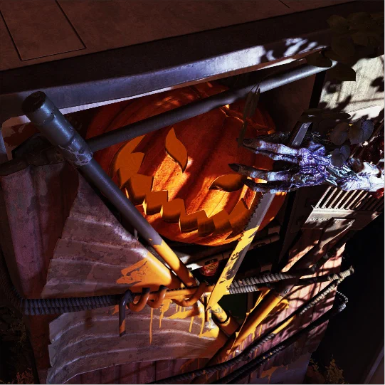 Picture of a jack o lantern with a long kitchen knife