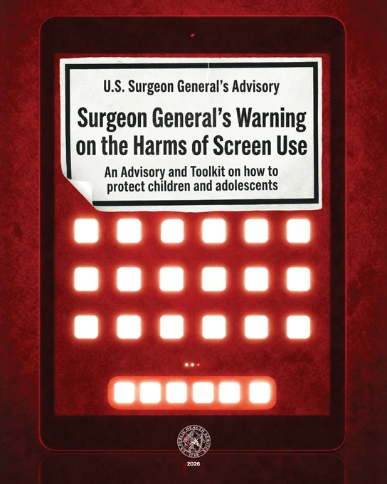 Cover of a document titled "Surgeon General’s Warning on the Harms of Screen Use." It includes a toolkit to protect children and adolescents. The background is red with an abstract depiction of a glowing screen.