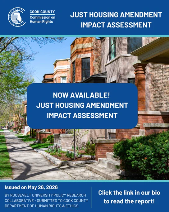 Just Housing Amendment Impact Assessment. Now Available! Click the link in our bio to read the report! The report was issued on May 26, 2026. A line of Chicago brick homes serves as the background. 