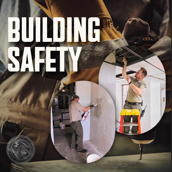 Image of two men wearing BOP uniforms doing repair work on a building. The image has a title that reads Building Safety and a BOP seal on the lower-left corner.