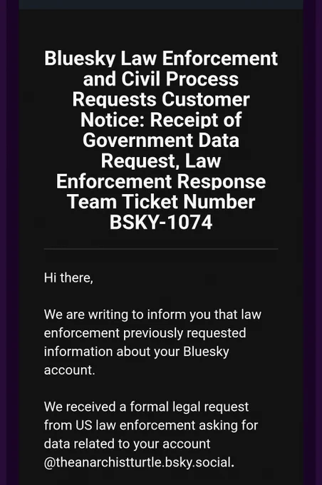 Subpoena from Federal law enforcement to the anarchist turtle blue sky account.