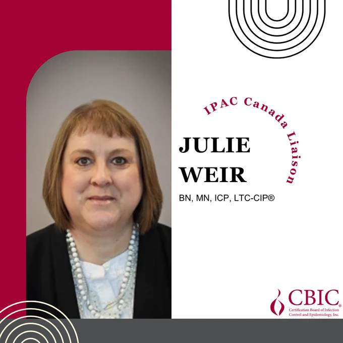  A red, white, and gray poster spotlighting IPAC Canada Liaison Julie Weir, BN, MN, ICP, LTC-CIP. Julie is an adult with light brown wearing a black blazer and white blouse with a pearl necklace while smiling.