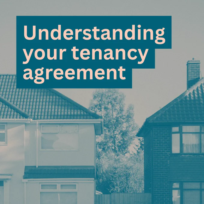Image of two houses with a blue-tinted overlay. Text in the top left corner reads, "Understanding your tenancy agreement.