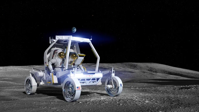 Artist render of 2 astronauts driving Astrolab's CLV-1 rover on the lunar surface with the Earth visible over the rover in the background.