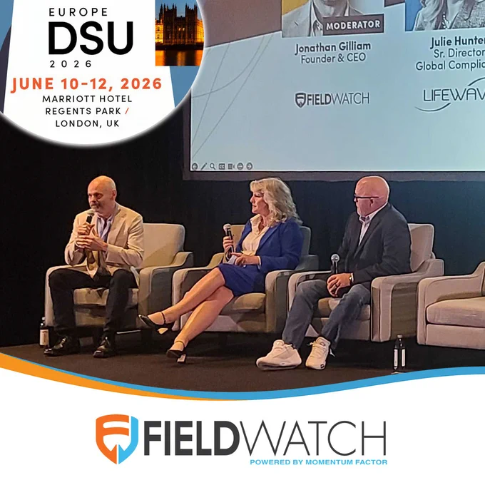 Image of FieldWatch's Jonathan Gilliam moderating a panel for the Legal, Regulatory & Compliance Workshop presented by FieldWatch at DSU Fall 2025 - promoting the upcoming Legal, Regulatory & Compliance Workshop at DSU Europe 2026 (June 10-12) in London.