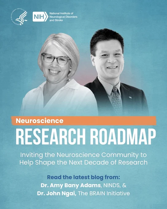A promotional poster titled "Neuroscience Research Roadmap" from the National Institute of Neurological Disorders and Stroke (NINDS) and the BRAIN Initiative. It invites the neuroscience community to help shape the next decade of research. The poster features headshots of two individuals. The text mentions Dr. Amy Bany Adams and Dr. John Ngai.