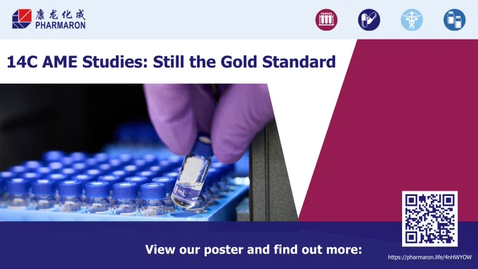 Scientist wearing purple gloves handles a vial from a tray of blue-capped vials, supporting 14C AME studies as the gold standard.