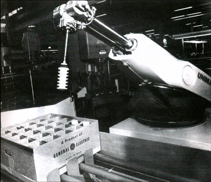 Unimate at the GM Inland Fisher plant, 1961. The machine that kicked off a multi-decade industrial robotics adoption curve.