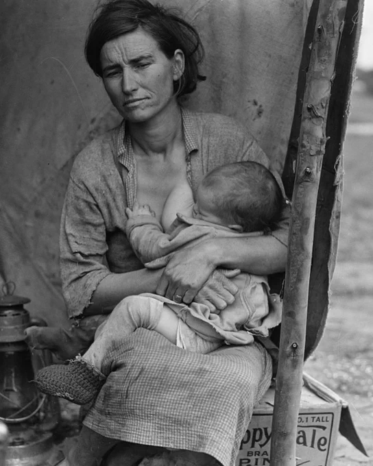 An image in the same series as Dorothea Lange's famous "Migrant Mother" photograph features the same mother holding a baby, but with no other children in the frame.