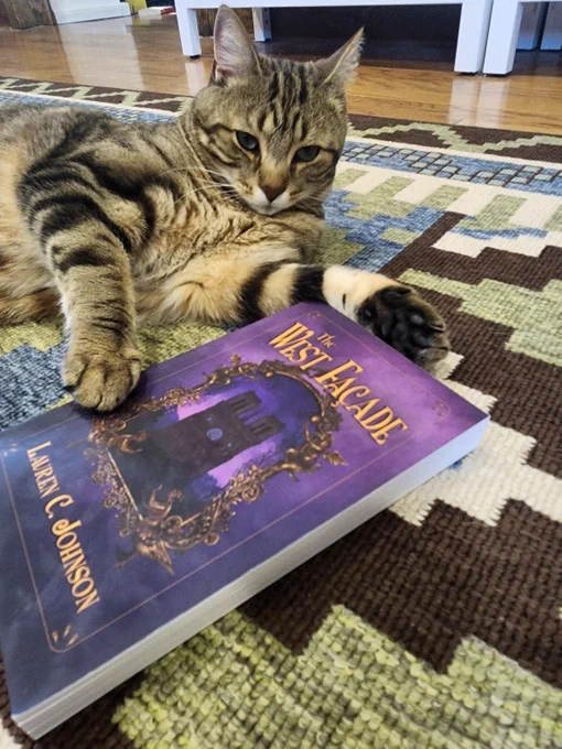 Photo of tabby cat next to the novel The West Façade by Lauren C. Johnson.