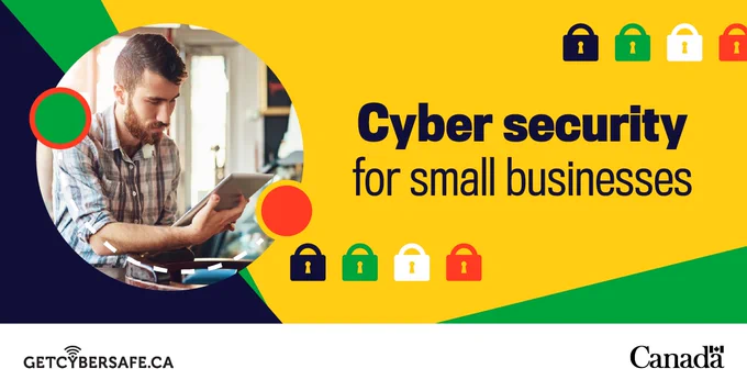 A person holding a tablet. Image text: Cyber security for small businesses