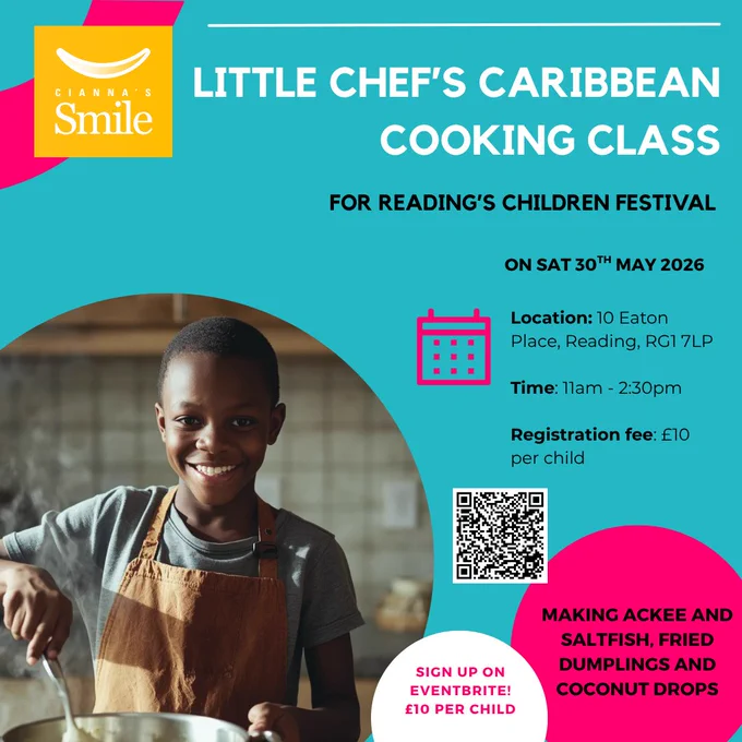 Poster for Little Chef's Caribbean Cooking Class for Reading's Children Festival, featuring a smiling boy cooking.