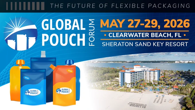 An image of a hotel on a white sand beach underneath the Global Pouch Forum logo and text laying out the event dates (May 27-29, 2026) and the location (Sheraton Sand Key Resort, Clearwater Beach).