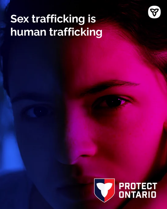 Close-up portrait in blue and pink light with message: sex trafficking is human trafficking