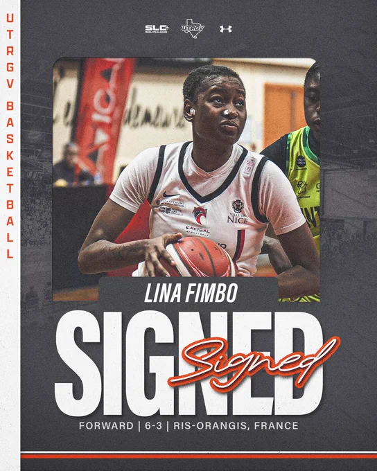 Image is a graphic with a gray background and white stripe on the left with orange words reading UTRGV Basketball. There is a photo of a basketball player and white letters under the photo reading Lina Fimbo Signed Forward | 6-3 | Ris-Orangis, France