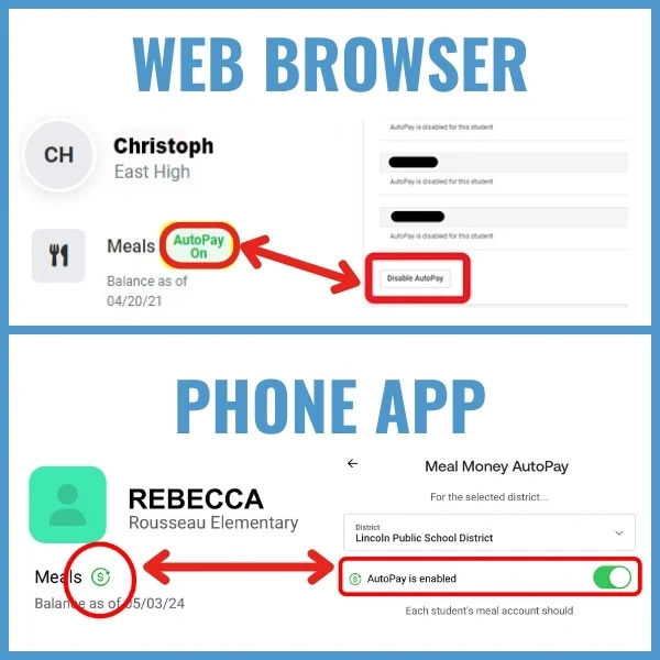 Web browser screen showing details for user "Christoph" with "Meals" balance, and phone app screen showing details for user "REBECCA" with "Meal Money" balance and AutoPay status.