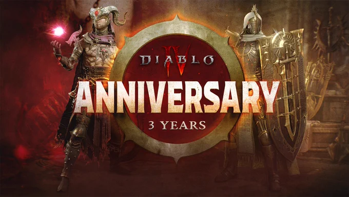A Diablo IV Warlock and Paladin stand on opposite sides of a large, golden circular emblem. The Warlock wears a horned helmet and ornate dark armor while levitating a glowing pink orb. On the other side stands the Paladin wearing golden armor while holding an enormous engraved shield. Inside the center emblem, text reads: \u201CDiablo IV. Anniversary. 3 Years.\u201D