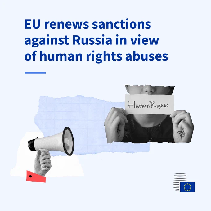 Collage including a hand holding a megaphone and a person holding a card with the words "Human Rights". The text on the visual reads 'EU renews sanctions against Russia in view of human rights abuses'.