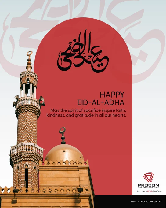 Eid al-Adha greeting post by Procom featuring mosque architecture, Arabic calligraphy, and festive design in red and gold tones with a cybersecurity-themed message. Includes Procom logo and website: www.procomme.com.