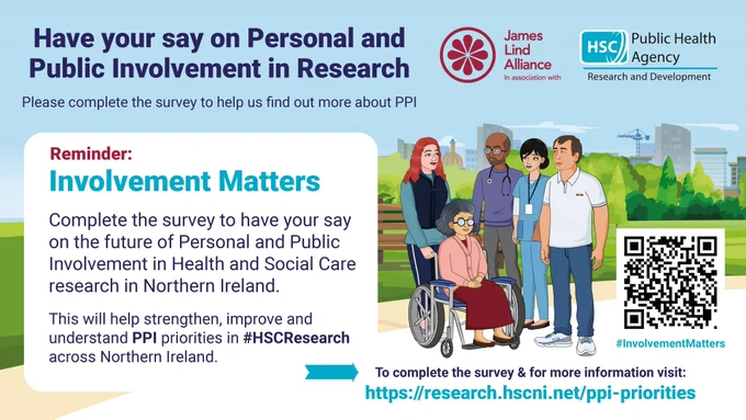 Picture of a lady in a wheelchair, two healthcare staff and two friends meeting in a park . This picture is highlighting a survey to ask people their views on Personal and Public Involvement. 