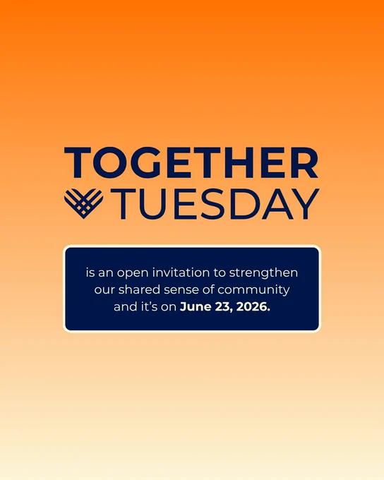 TOGETHER TUESDAY logo with woven heart; open invitation to strengthen community — June 23, 2026.