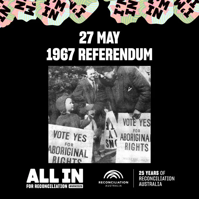 This image is a historical black-and-white photo from the 1967 Referendum in Australia, showing individuals holding signs that read “Vote Yes for Aboriginal Rights.” The upper part of the image has National Reconciliation Week stickers with “I’m In” repeated several times. At the bottom, there is a logo for Reconciliation Australia and text commemorating its 25 years.