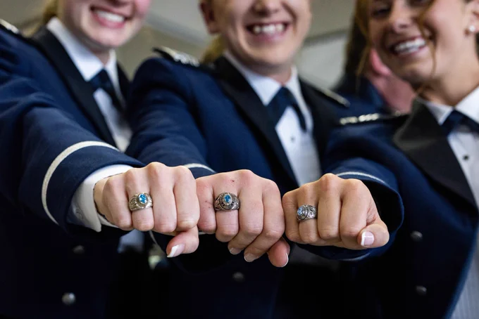 U.S. Air Force Academy female cadets receive their class rings during Ring Dance.
