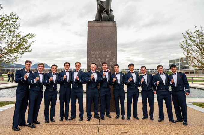 U.S. Air Force Academy male cadets receive their class rings during Ring Dance.
