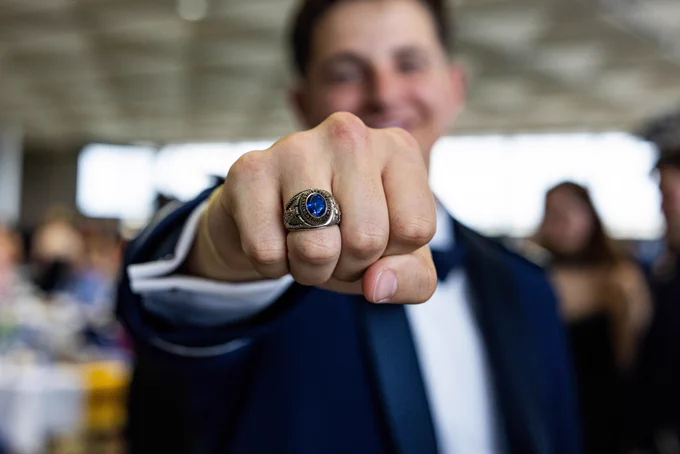 A U.S. Air Force Academy male cadet receives his class ring during Ring Dance.
