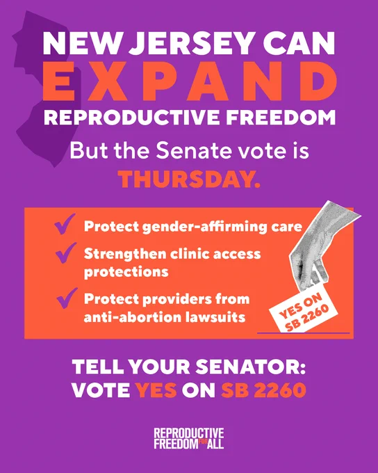 Poster advocating for reproductive freedom in New Jersey. Bold text reads: "New Jersey Can Expand Reproductive Freedom, But the Senate Vote is Thursday." Below are three bullet points: "Protect gender-affirming care," "Strengthen clinic access protections," and "Protect providers from anti-abortion lawsuits." A graphic of a hand holding a card with the text "Yes on SB 2260" is also visible. The bottom text encourages action: "Tell Your Senator: Vote Yes on SB 2260." The background is purple with the logo "Reproductive Freedom For All."