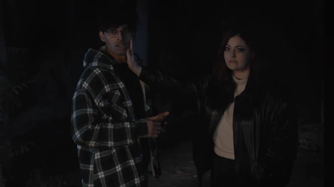 Dark night in the woods.  
Young man in black & white hoodie, glasses dark hair on the left. Young woman in black leather jacket, long burgundy hair, arm extended with hand gently on his face, on the right. Both looking at something surprising to them.