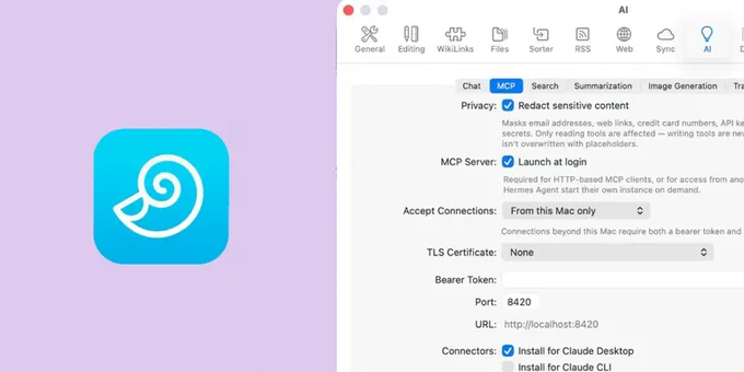 A blue app icon with a spiral is shown alongside settings for a built-in MCP server, including options for privacy and connections.