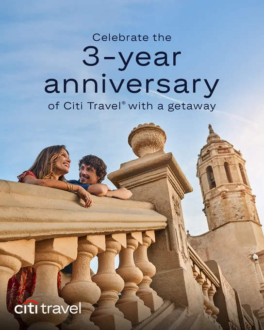 Citi Travel\u00AE 3-year anniversary ad showing a smiling couple leaning on a stone balcony with a bell tower behind them. TEXT: Celebrate the 3-year anniversary of Citi Travel with a getaway