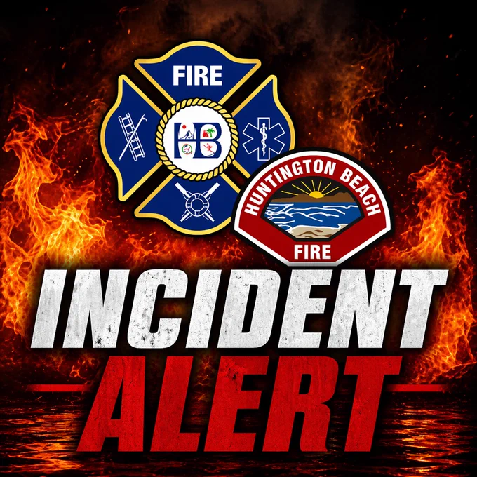 Graphic with flames in the background displaying the words “Incident Alert” in large white and red lettering. The Huntington Beach Fire Department logos are centered above the text against a dark fiery backdrop. The image is designed as an emergency notification graphic for active incidents.