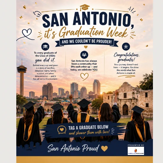 Graduation Week 2026 campaign ad featuring graduates celebrating in front of the San Antonio skyline and The Alamo at sunset, with congratulatory text honoring the Class of 2026 from Virtual Pulsar.