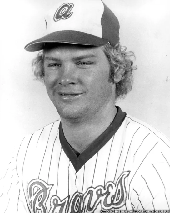 Head and shoulders portrait of Bob Horner wearing a home pinstripe Braves uniform. (National Baseball Hall of Fame and Museum)