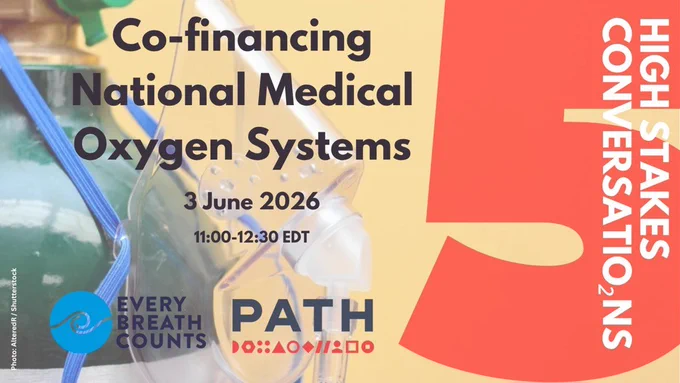 This image is a promotional graphic for an event titled "Co-financing National Medical Oxygen Systems," scheduled for June 3, 2026, from 11:00 to 12:30 EDT. The event is part of the "High Stakes Conversations 2" series. Logos for "Every Breath Counts" and "PATH" are displayed. The background features an oxygen tank and a mask.