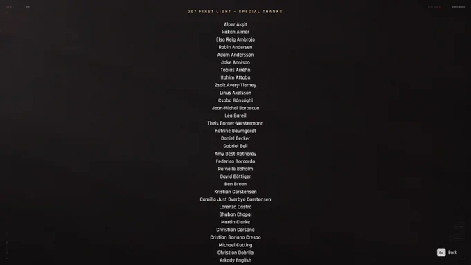 The special thanks section of 007: First Light’s credits. In amongst the list of names, Ben Breen is visible.