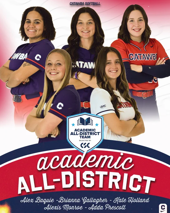 Graphic depicting five Catawba Softball student-athletes named to the CSC Academic All-District team. Pictured is Alex Baquie, Brianna Gallagher, Kate Holland, Alexis Monroe and Adda Prescott.