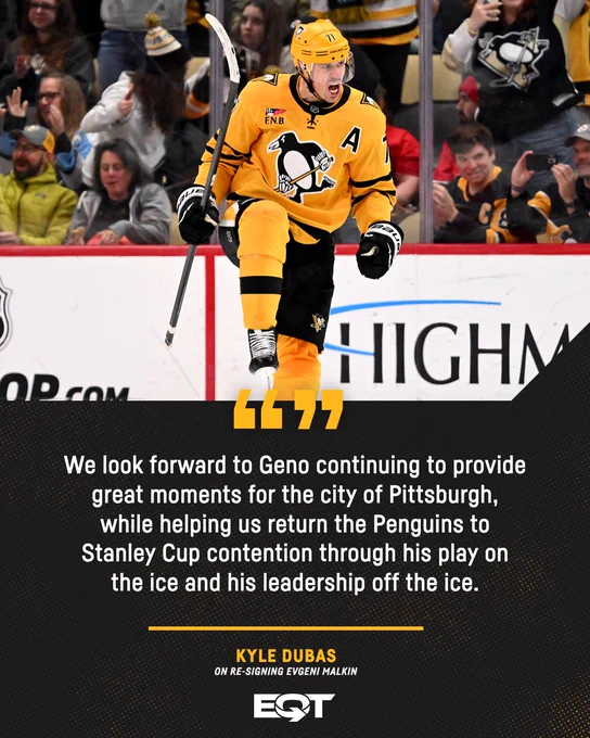 Photo of Geno with a quote from Kyle Dubas that reads: "We look forward to Geno continuing to provide great moments for the city of Pittsburgh, while helping us return the Penguins to Stanley Cup contention through his play on the ice and his leadership off the ice."