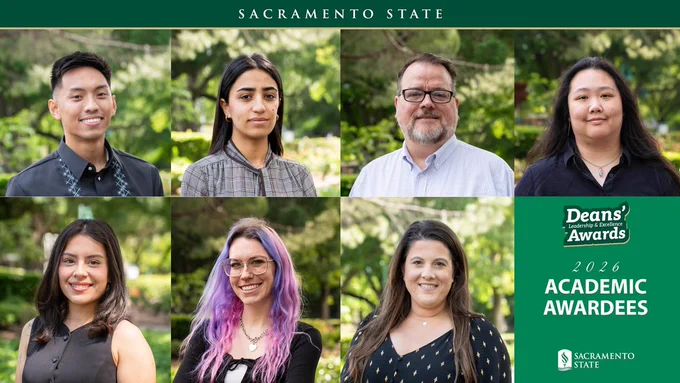 Seven Deans Award recipients are pictured in an outdoor setting, each appearing in separate framed sections.