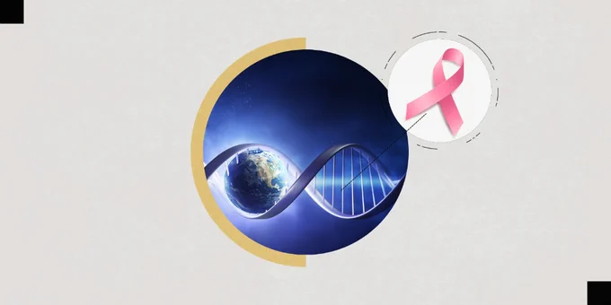 The graphic has a photo of the Earth in a DNA strand in a large circle. To it's upper right, in a smaller circle is a pink ribbon. These circles are on a gray background. 