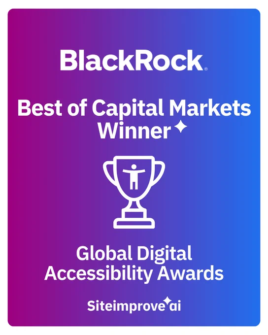 Award graphic with purple-to-blue gradient. BlackRock logo at top, followed by "Best of Capital Markets Winner" and a trophy icon featuring an accessibility symbol. Text reads: Global Digital Accessibility Awards. Siteimprove AI logo at bottom.