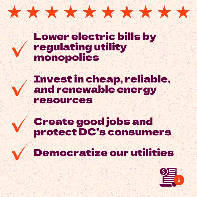 Graphic with bulleted list: Lower electric bills by regulating utility monopolies, Invest in cheap, reliable, and renewable energy resources, Create good jobs and protect DC’s consumers, Democratize our utilities”