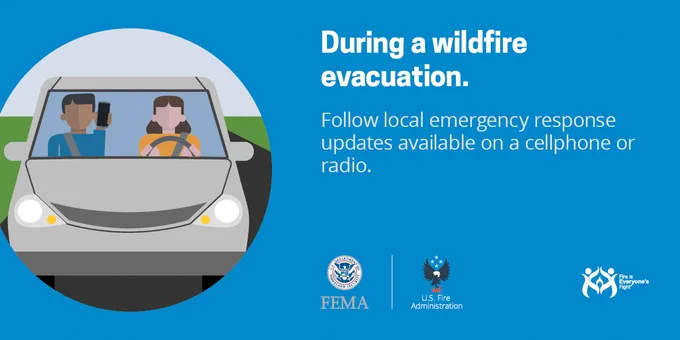 Two people driving a car with a message to follow local emergency updates during wildfire evacuations via phone or radio.