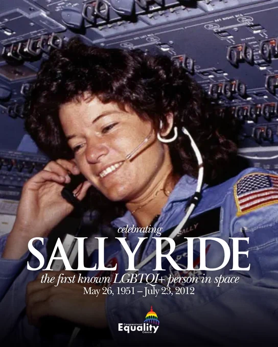 Celebrating Sally Ride, the first known LGBTQI  person in space. May 26, 1951 to July 23, 2012. IMAGE: Dr. Sally Ride aboard the STS-7 Challenger.